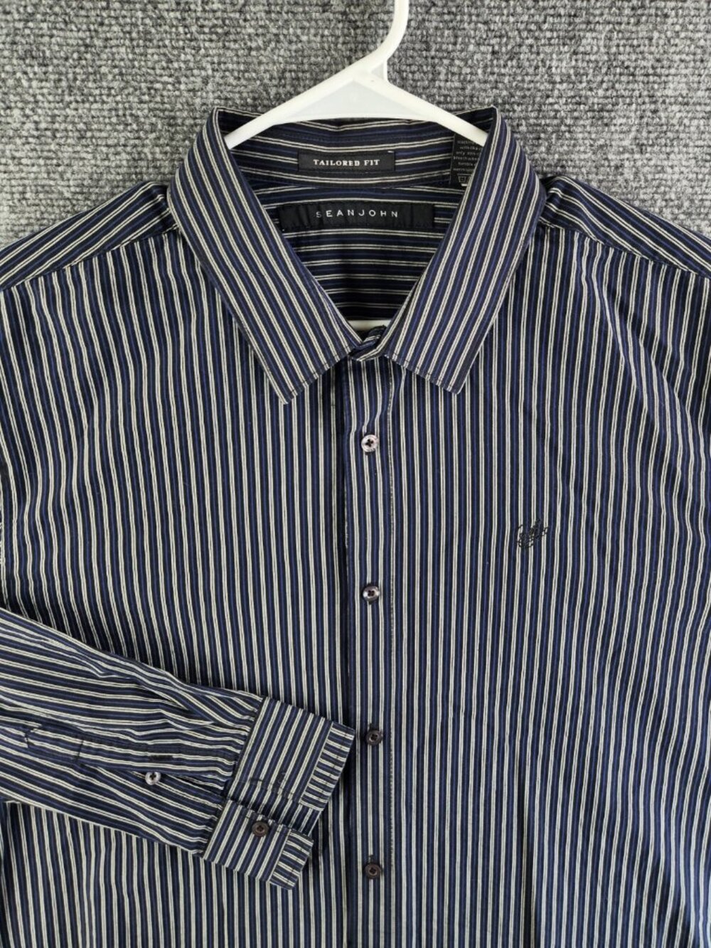 Sean John Button Up Shirt Striped Purple Silver 2XL Tailored Fit Long Sleeve Men